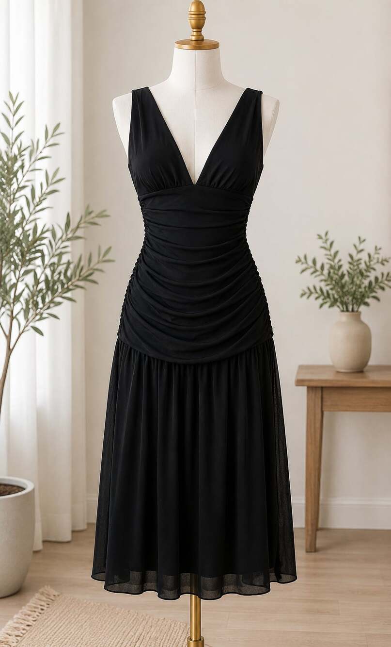 Camila Coelho Black V-Neck Ruched Sleeveless Midi Dress